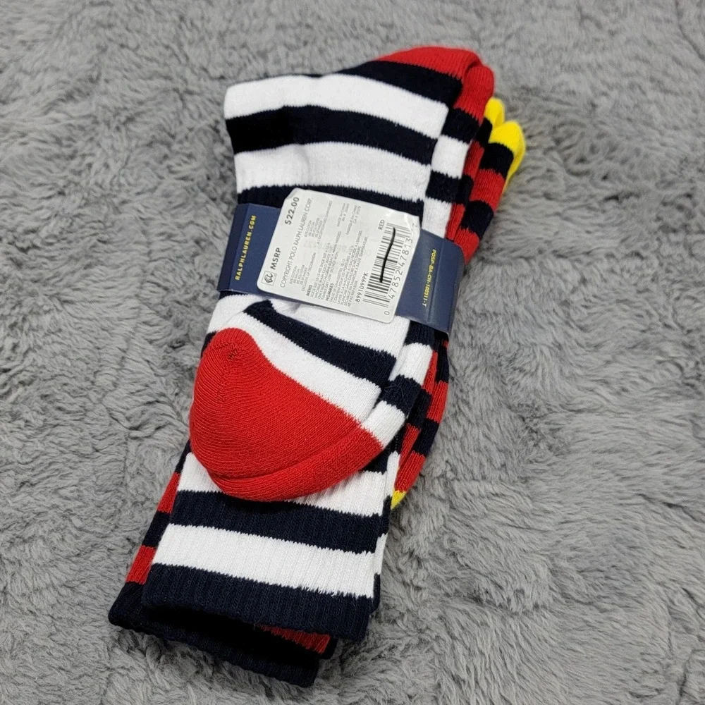 Polo Ralph Lauren Socks Mens 10-13 Red Stripe Pony Crew 2 Pairs Mid Calf